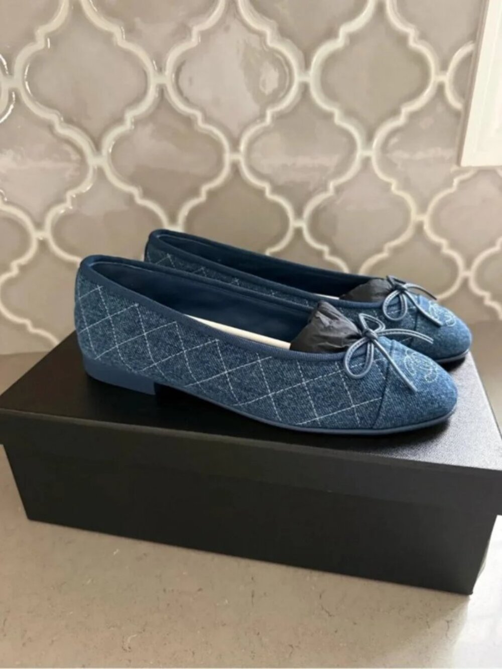 CHANEL  Denim Quilted CC Bow Ballet Flats